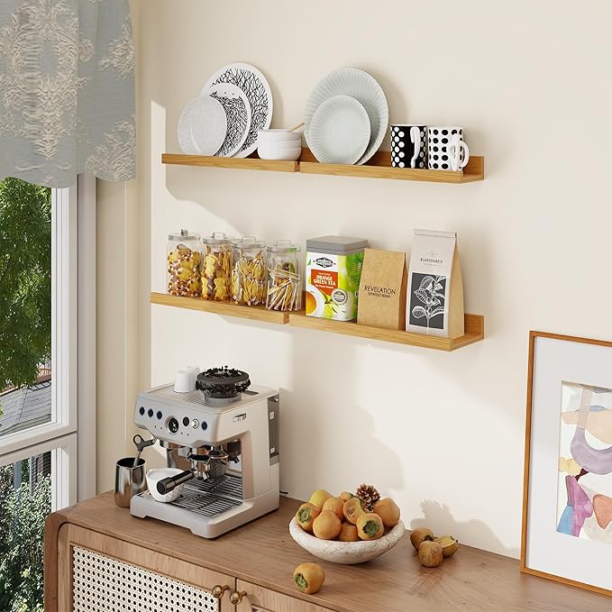 Axeman Picture Ledge Shelf | 16 Inch Oak Floating Shelves Set of 4 | Rustic Wood Wall Shelves with Lip | 16" Picture Shelves for Wall with Ledge | Oak Photo Shelves