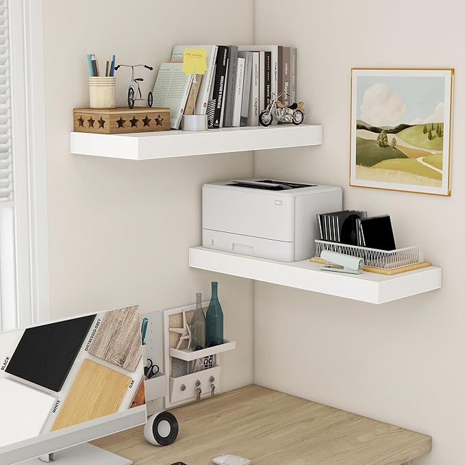 FLYJOE 30 Inch Floating Shelves | 12 Inch Deep White Floating Shelves Set of 2 | 30" W x 12" D Rustic Wood Shelves for Wall | Deep White Shelves for Living Room Bathroom Laundry Room Kitchen