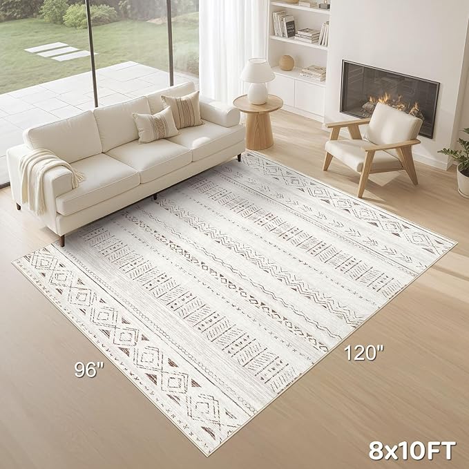 cotiled 8x10 Area Rug Living Room: Washable Boho Rugs with Non Slip Backing Large Soft Indoor Stain Resistant Carpet for Bedroom Farmhouse Dining Room Lightweight Home Decor L Brown/Cream