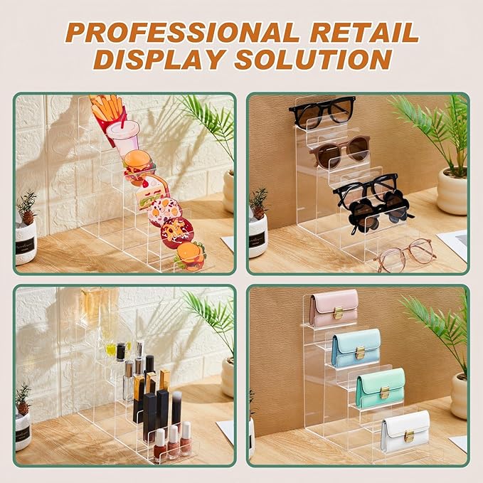 Kathfly 2 Pack 8-Tier Acrylic Wallet Display Stand Clear Purse & Handbag Organizer Riser Shelf for Perfume, Sunglasses, Cosmetics, Jewelry Vendor Display for Craft Fairs, Retail