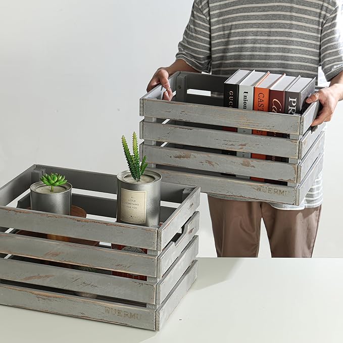 Gray Wooden Crates are Mainly Suitable for Storage, Tool Crate, Wine Crate, Camping, and Other Multi-Purpose. Rustic Style, They are Sturdy and Durable, set of 2 Length of 17.7 inches.