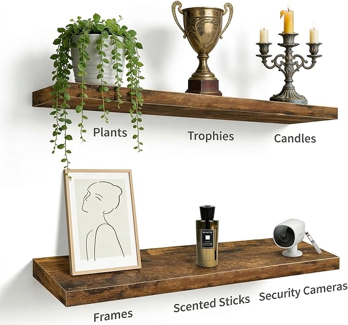 Vervida® Floating Shelves for Wall 35.4" Extra Long - Wall Shelf Bathroom Kitchen Living Room Bedroom Farmhouse Home Decor Display Bookshelf Large 35.4 x 9.3 inch Set of 3, Rustic Brown