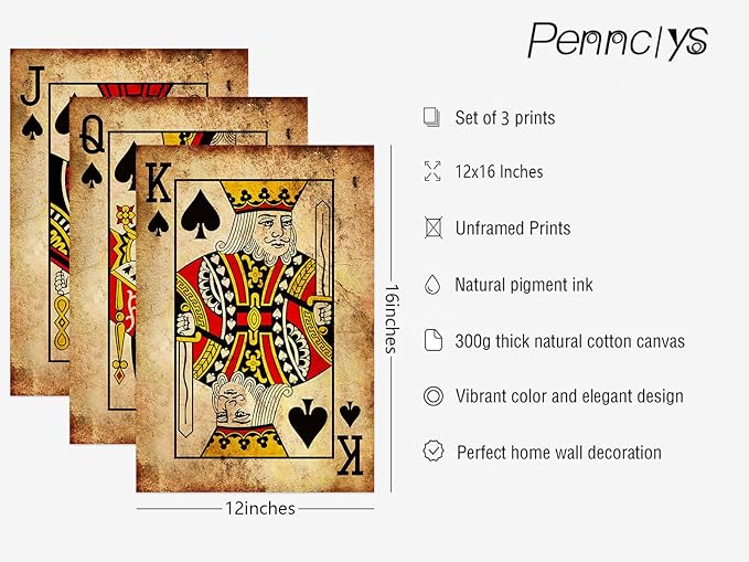 Playing Card Wall Art Poster Vintage Poker Canvas Wall Decor Retro Game Room Art Picture Joker King Queen Poster Trendy Retro Prints Vintage Poker Painting Artwork for Bedroom 12x16 Inch Unframed 3Pcs