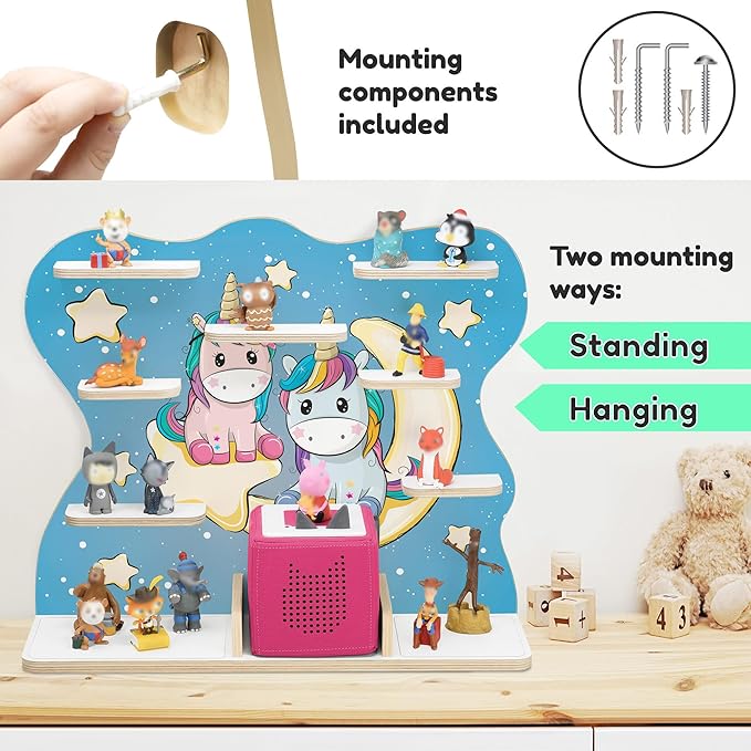 stadtecken Wooden Shelf for Music Box I Suitable for The Toniebox and ca. 50 Tonies I Perfect Storage in The Children's Room I for Setting up or Hanging (Large, Night Owls)