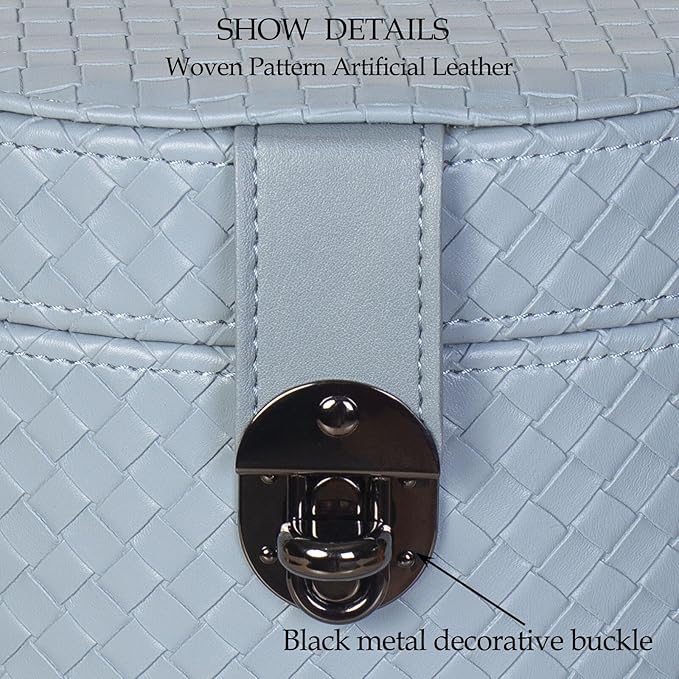 Set of 2 Round Blue Artificial Leather Decorative Boxes with Black Decorative Buckle for Home Decor