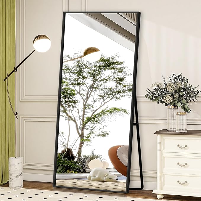 GlasFlength Full Body Mirror with Stand, 71" x 32" Full Length Mirror with Aluminum Alloy Frame Wall-Mounted/Leaning Against Wall/Floor Standing Mirror for Home Decor, Black