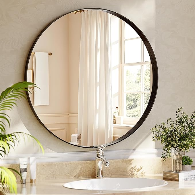 30 inch Round Bathroom Mirror, Black Metal Deep Frame Wall Mounted Circle Mirror for Wall Decor, Living Room, Vanity, Entryway, Hanging or Leaning