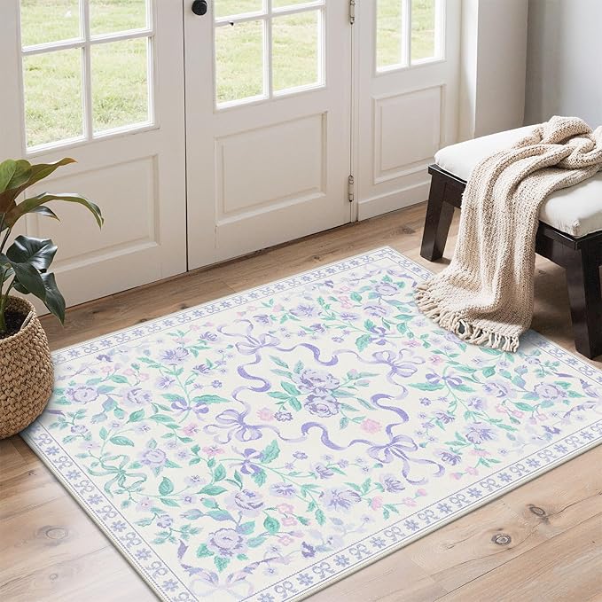 GENIMO 3X5 Washable Vintage Area Rugs for Living Room, Non-Slip Low Pile Chenille Print Rug, Soft Rugs for Bedroom Dining Room Home Office, Pastel Purple