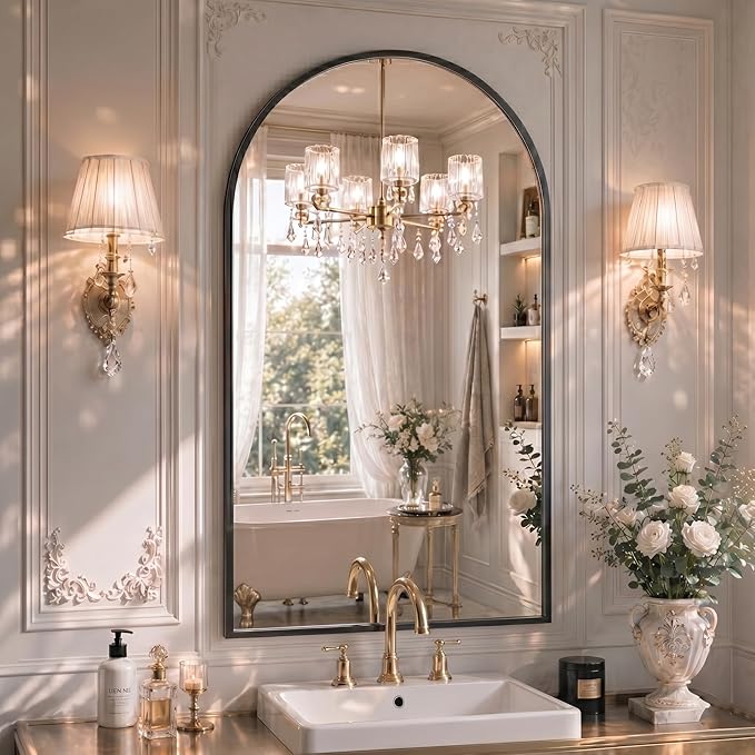 26"x38" Arched Black Bathroom Mirror – Metal Framed with HD Shatter-Proof Glass, Wall-Mounted for Over Sink, Entryway, Living Room, Bedroom
