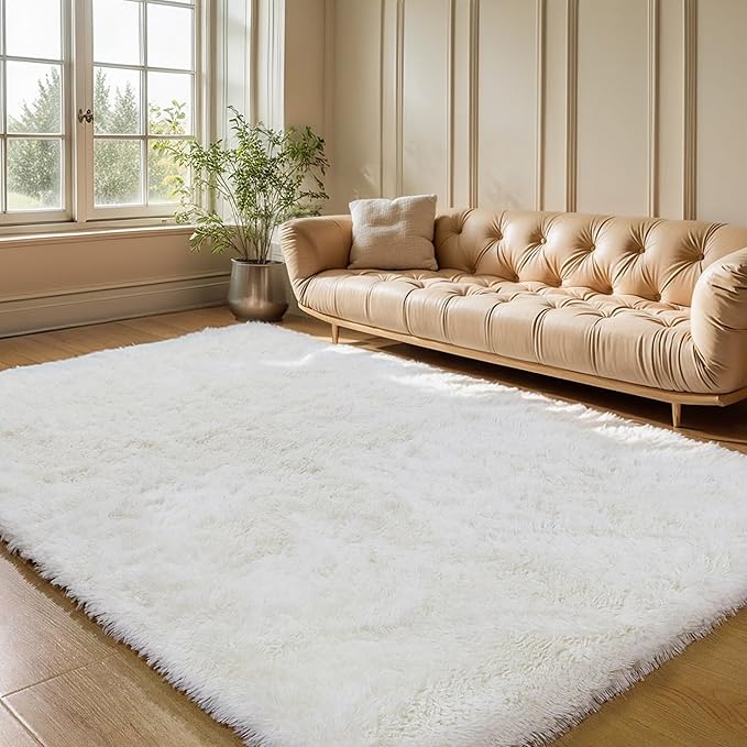 KCHOWUA Cream White Fluffy Area Rug for Girls Bedroom, 3'x5' Machine Washable Fuzzy Plush Carpet for Living Room, Soft Shaggy Throw Rug for Kids Dorm Room Nursery, Ivory