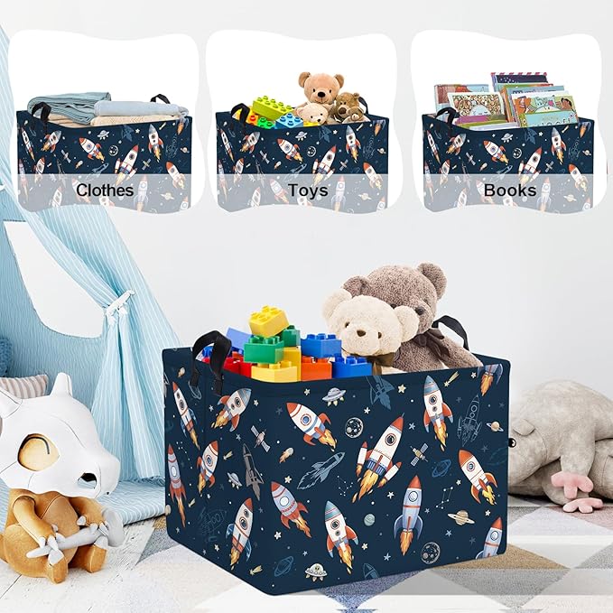 Clastyle Cosmic Space Kids Book Storage Basket Planet Clothes Laundry Basket Parents Gift Toy Box for Bedroom Shower, Rocket, 40x30x30 cm