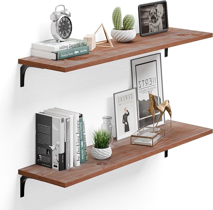 12 Inch Deep Floating Shelves Set of 2, 48 Inch Extra Wide Solid Pine Wood Wall Shelves, 100 lbs Heavy Duty Farmhouse Wall Mount Bookshelf for Living Room, Kitchen & Bedroom, Brown