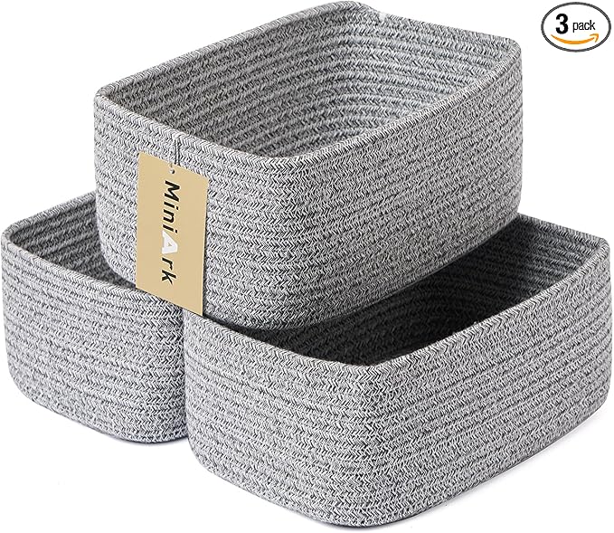 MiniArk Small Storage Baskets for Organizing | Closet Organizer Bins | Shelf Toy Basket | Woven Rope Baskets | Cube Decorative Box | Shallow Basket | 11.5x7.5x4.7” | 3 Packs Mixed Grey