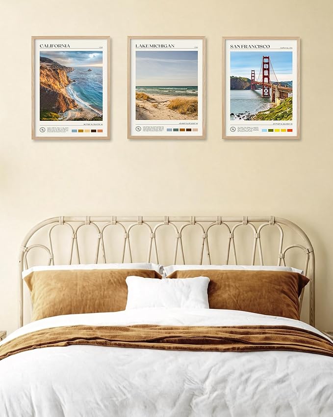HesenDot Natural OAK Wood Coastal California Refers Framed Wall Art,12x16in Natural Seascape Canvas Wall Print,Classic Urban Landmark Wall Decor for Living Room,Bedroom,Office Gallery Gifts Set of 1