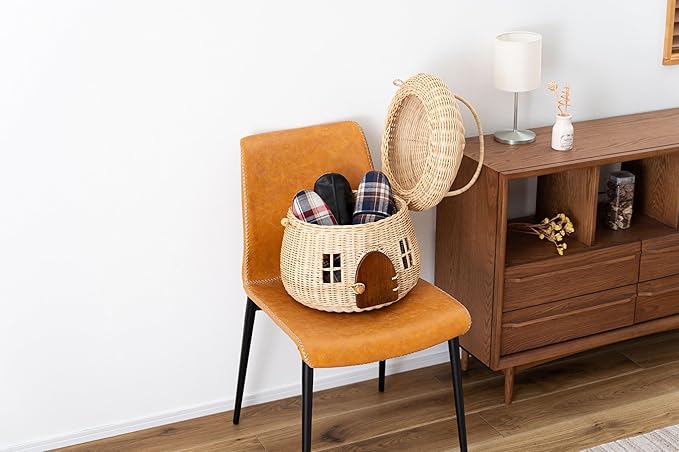 Mushroom Shaped Storage Basket, Extra Large Size, Natural, Rattan and Mindy Wood Door, D14"xW14"xH15" (36x36x38cm), Indirect Lighting Box, BLY-21NA