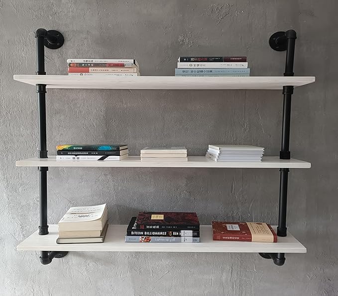 HDDFER Floating Bookshel Industrial Pipe Shelving Pipe Shelves Rustic White Wall Shelves 36 Inch Farmhouse Book Shelves for Kitchen Bar,Bathroom Wall Mounted