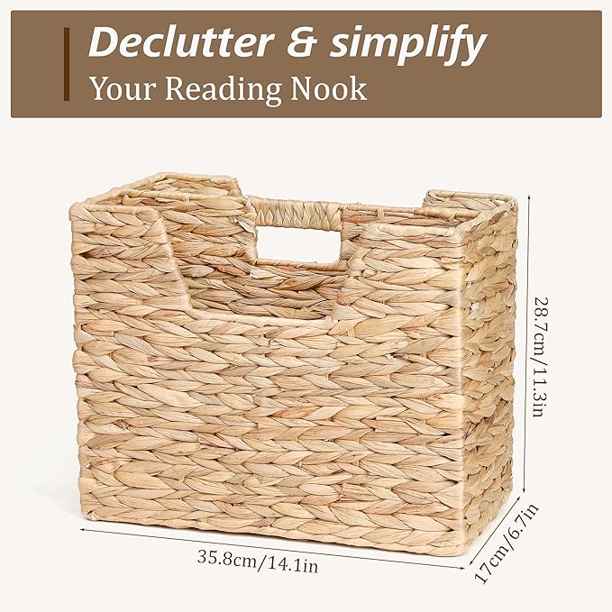 Water Hyacinth Magazine Basket, Dual Compartment Storage Basket with Handle, Natural Fiber Wicker Storage Baskets for Shelves Home Organization & Office Organizer