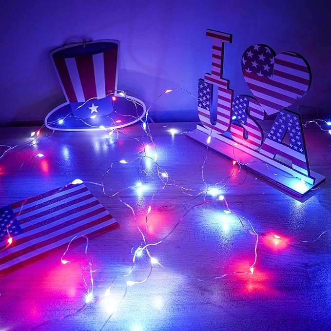 4th of July Decorations, 4 Pack Red White and Blue Fairy Lights Battery Operated with Timer, Waterproof 16FT 50 LED Starry String Lights for Independence Day 250th Anniversary Memorial Day Home Decor