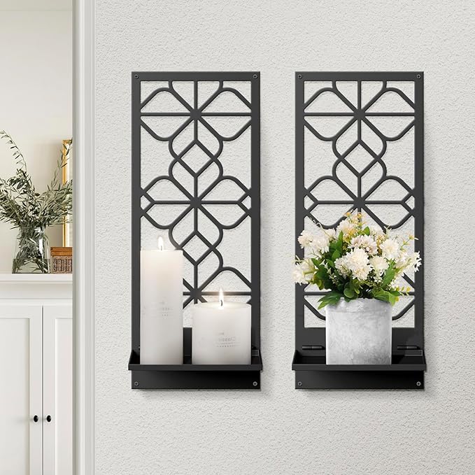 Black Metal Wall Art Decor, Minimalist Retro Line Wall Candle Holder Set of 2, for Living Room, Dining Room, Bedroom, Bathroom (16.5 x 7 in)