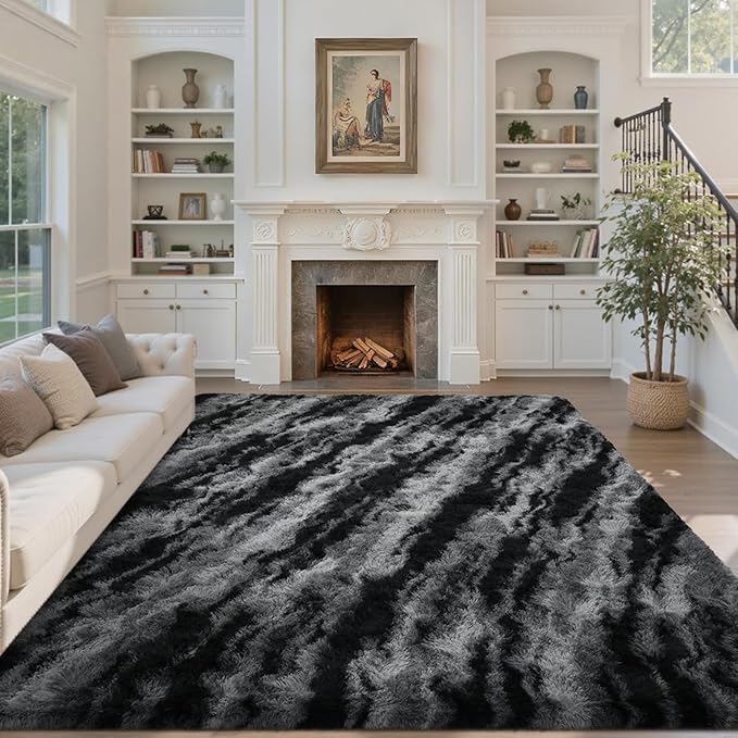 5x8 Ft Area Rugs for Living Room, Black Plush Fluffy Shaggy Bedroom Rugs Non-Slip, Ultra Soft Carpet for Nursery Kids PlayRoom Dorm Office Indoor
