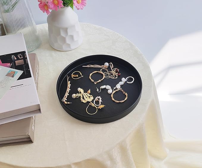 Round Black Tray (8 Inch) - Heavy Duty Bathroom & Kitchen Decor Tray | Versatile Vanity, Coffee Table, Serving Tray | Farmhouse & Modern Countertop Organizer