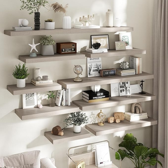 Fun Memories 72 Inch Floating Shelves, 12 Inch Deep Wall Shelf for Fireplace Mantel, Large Display Shelf & Storage Shelf, Wood Floating Wall Shelves for Home & Office, Grey, Set of 1