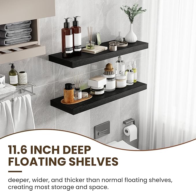 Acovy 36 Inch Floating Shelves, 12 Inch Deep Floating Shelves for Wall, Floating Shelf with Invisible Brackets, Deep Shelves for Bathroom, Bedroom, Living Room, 2 Pack, Black