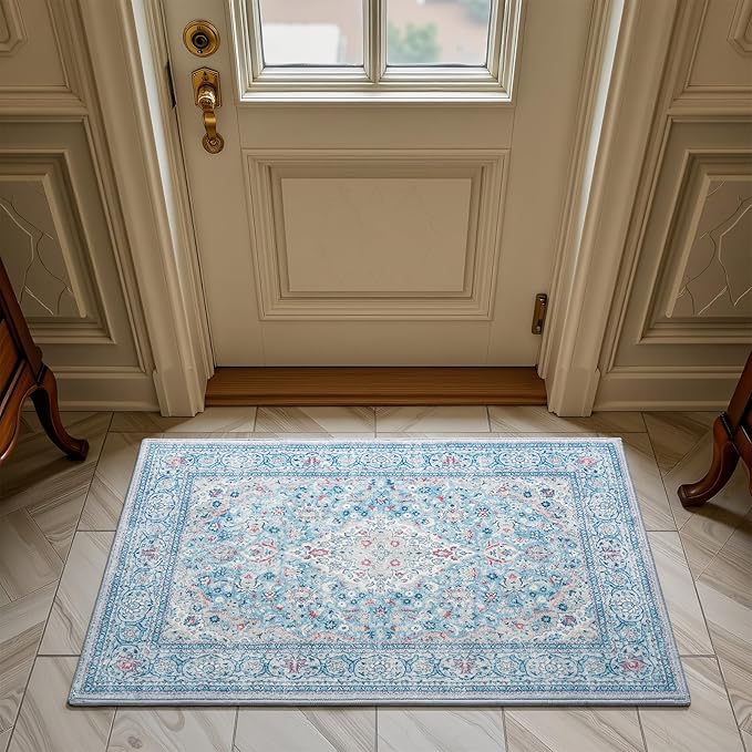 Goideal Washable Entry Rug 2x3, Blue Small Area Rugs Non Slip, Indoor Low Pile Carpet with Rubber Backing for Bathroom Kitchen Entryway Office