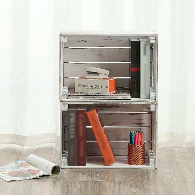 White Wooden Crates are Suitable for Storage, Milk Crates, Wine Crates, Festival Decorations, Camping, and Other Multi-Purpose. They are Sturdy and Durable, set of 2 Length of 17.7 inches.