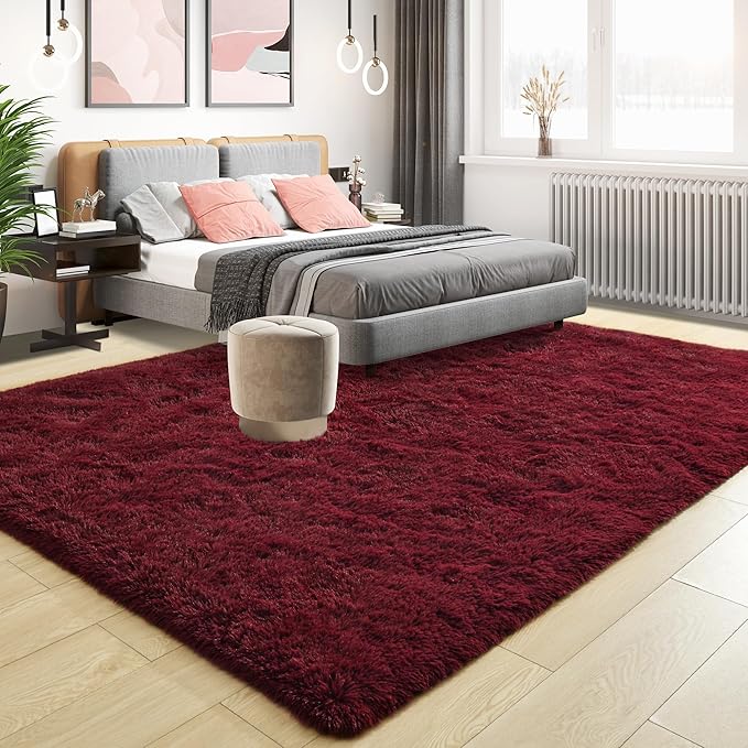 Tepook Fluffy Large Rugs for Living Room, 8x10 Area Rugs for Bedroom, Modern Shag Fuzzy Carpets for Kids Boys Girls, Plush Indoor Nursery Home Decor Rug with Non-Slip Bottom, Burgundy Red
