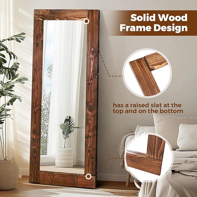 Full Length Mirror 58"x24" – Solid Wood Frame, HD Tempered Glass, Wall Mounted & Leaning, Rustic Modern Decor for Bedroom, Living Room, Entryway, Brown