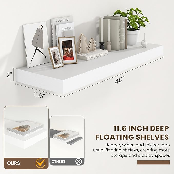 FLYJOE Deep Floating Shelves | 40 Inch White Floating Shelves Set of 2 | 12 Inch Deep Wood Wall Shelves | 40" W x 12" D White Shelves for Bathroom Living Room Kitchen Laundry Room