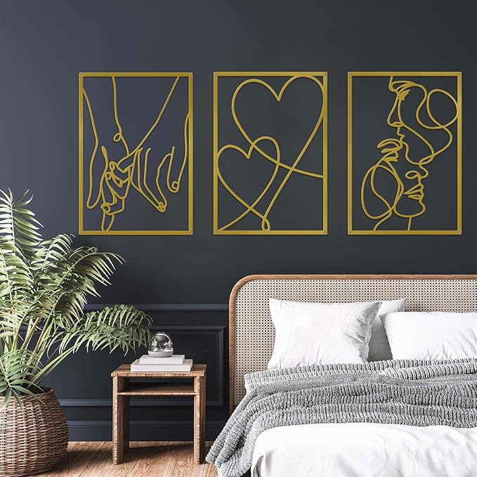 3 Pieces Metal Minimalist Line Wall Art, Valentine's Day Lover Kiss Hand Metal Wall Decor, Aesthetic Modern Home Hanging Wall Art Decor for Bedroom Bathroom Living Room (Gold)