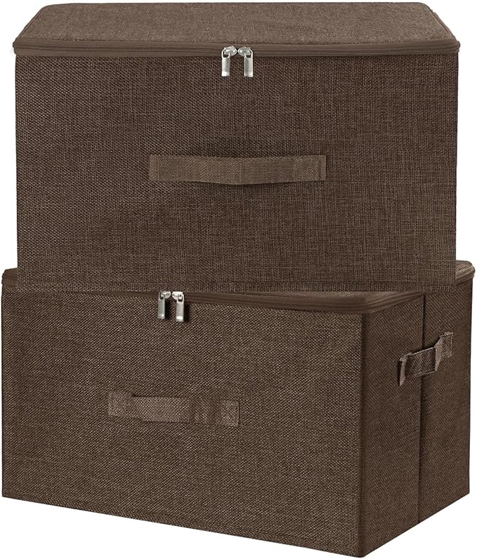ANMINY 2PCS Storage Bins with Zipper Lids 36 Qt Lidded Fabric Storage Boxes Baskets Cubes with Handles Collapsible Washable Cotton Linen Closet Shelf Clothes Organizer Containers - Coffee, Large