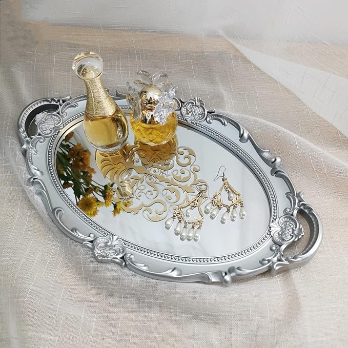 Oval Printed Decorative Mirror Tray, French Style, Mirror, Makeup Organizer, Jewelry Organizer, Serving Tray, 9.8"x 14.6", Silver