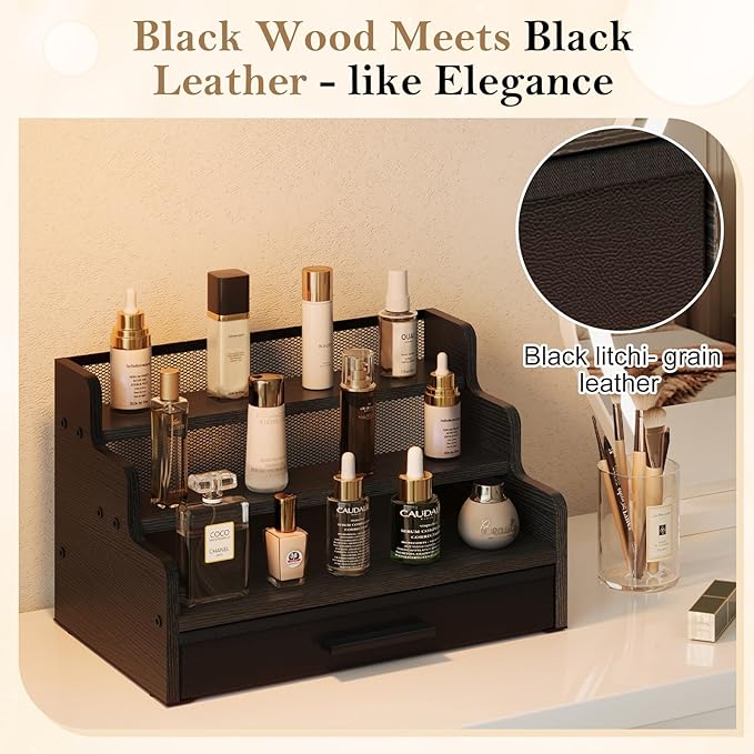Cologne Stand for Men, 3 Tier Black Wooden Perfume Organizer with Drawer Storage, Perfume Display Shelf for Cologne, Watch, Skincare and Makeup, Perfect Birthday/Christmas Gift for Lovers & Fathers