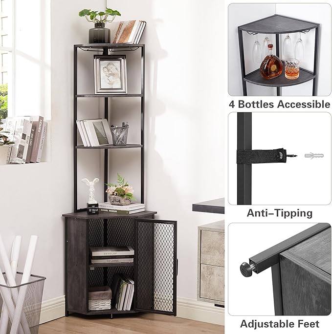 VECELO Corner Cabinet, Tall Storage Shelf, Bookshelf Display Shelves Rack for Living Room, Kitchen, Balcony, Small Space