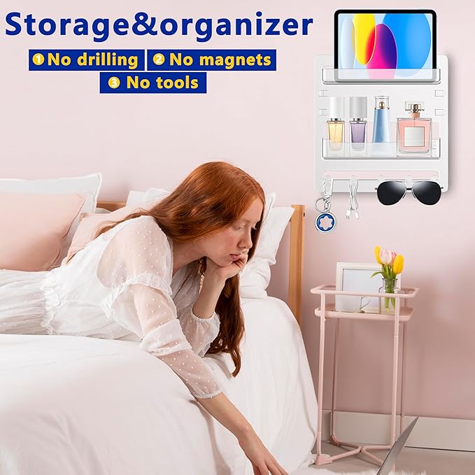 Bedside Wall Mount Organizer,Bedside Wall Shelf Accessories Floating Shelves Stick On for Bedroom Storage Organization,Aesthetic Room Dorm Decor for Girls,Cute Stuff for Teens,5 Hooks-Clear