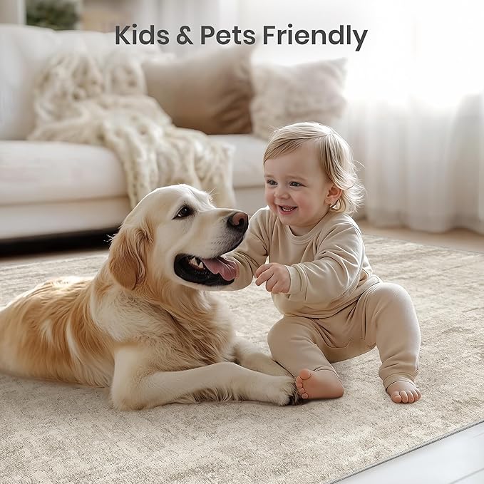 Valenrug Washable Rug 6x9 - Stain Resistant 6x9 Area Rugs for Living Room, Non Slip Backing Printed Rugs for Bedroom, Folable Machine Washable Area Rug(Beige,6'x9')