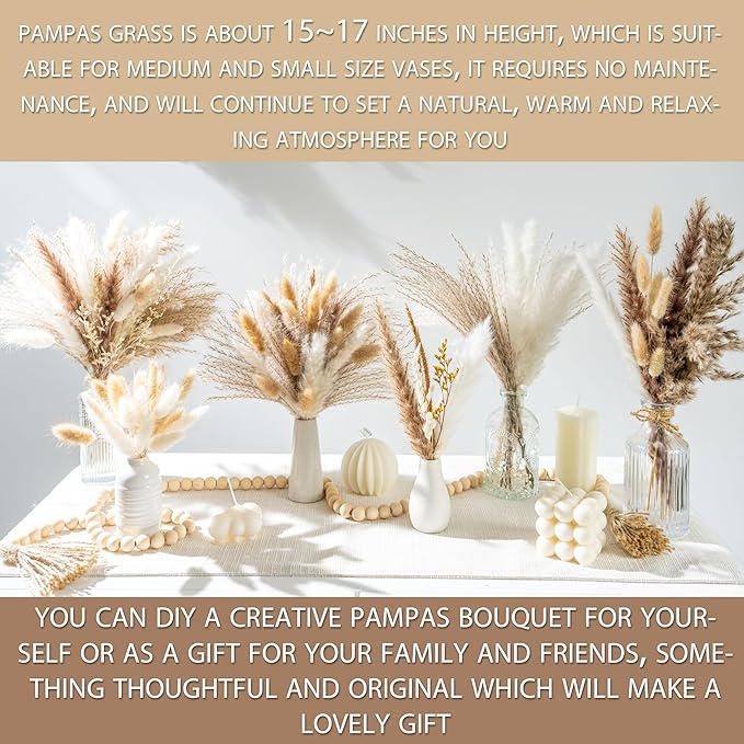130PCS Natural Dried Pampas Grass Boho Home Decor Bouquet Phragmites Dried Flowers Bouquet for Wedding Floral Arrangements Living Room Decorations (130PCS)