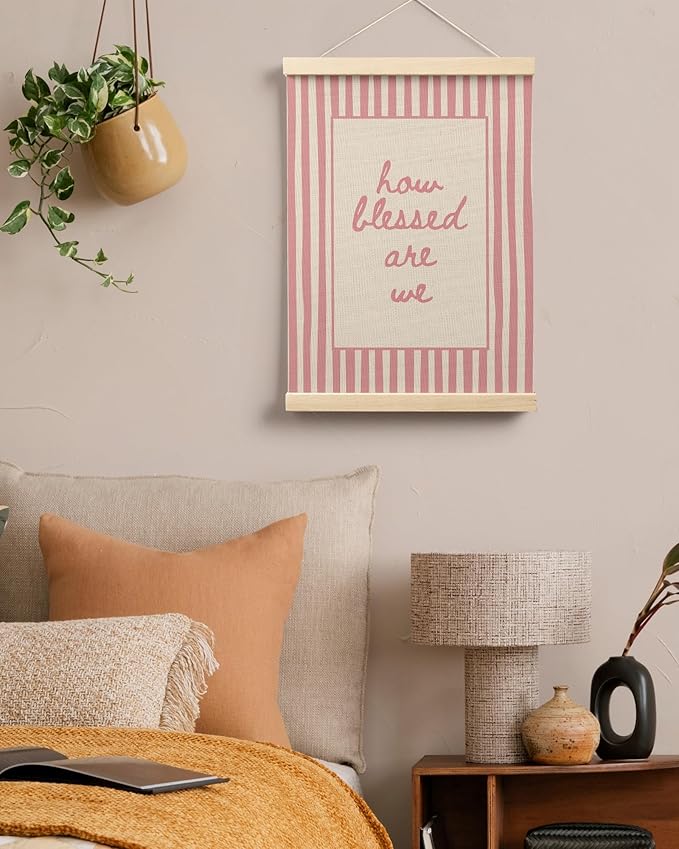 FGFK Trendy Pink Christian How Blessed Are We Wall Art Poster Hanger Frame, Retro Pink Striped Religious Bible Verse Canvas Prints Framed Wall Decor for Home Girls Room Bedroom, 12x16 Inch