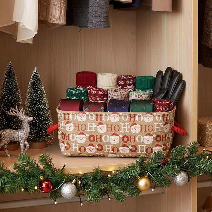 INough Christmas Baskets for Gifts Empty Festive Gift Bags Holiday Basket with Handles Collapsible Christmas Decor, Ornaments Storage Organizer for Baby Room, Kids Nursery, Home Holiday Decor