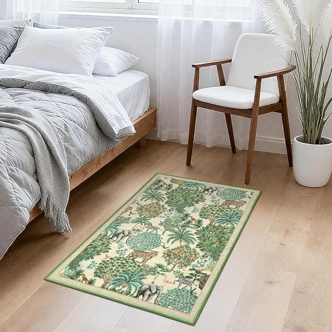 GarveeHome Jungle Rug 2x3 Animal Print Rugs Non Slip Washable Front Door Rug for Entryway, Indoor Kitchen Rugs Low-Pile Small Door Mat Forest Carpet for Bedroom Home Décor, Beige