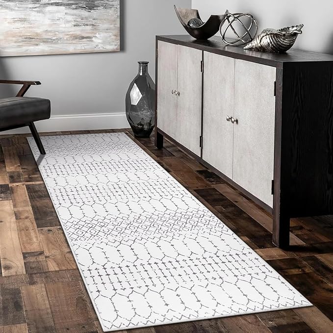 Lahome Moroccan Small Runner Rug 2x5 Rug Runner Non-Slip Washable Rug Runner Throw Lightweight Hallway Rugs Indoor Laundry Room, Geometric Print Carpet Runners for Bedroom Kitchen Hana (White, 2'x5')