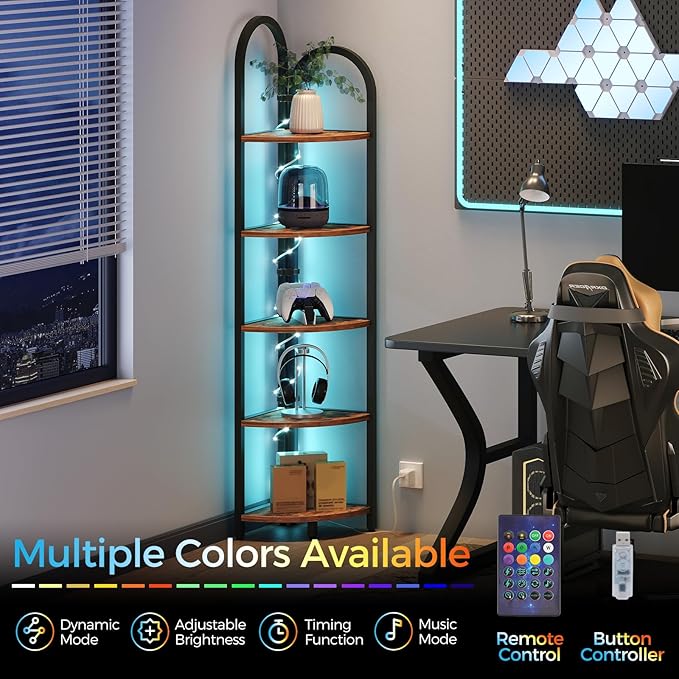 MAHANCRIS 5-Tier Corner Shelf with LED Light, 64.6'' Arched Corner Bookshelf, Narrow Storage Shelf with Metal Frame, for Living Room, Bedroom, Small Spaces, Rustic Brown and Black CSHR55101