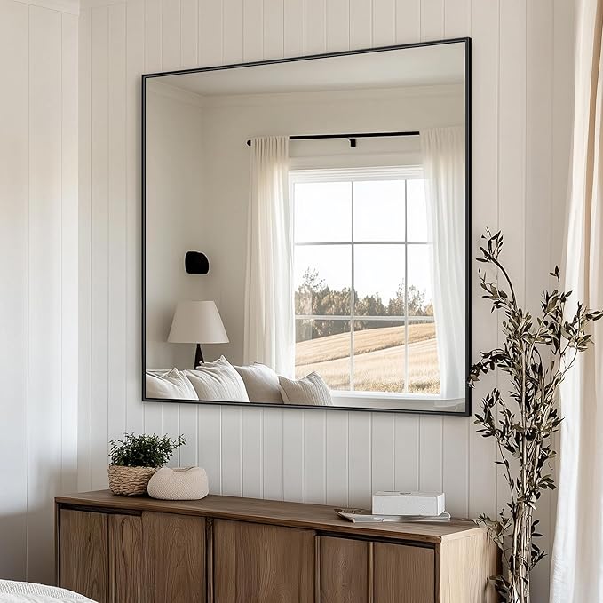 Antok 36x36 Black Metal Framed Bathroom Mirror, Wall Mirror with Rect Corners, Vanity Mirror for Over Sink, Anti-Rust Tempered Glass, Horizontal/Vertical Hanging for Bathroom, Living Room, Entryway