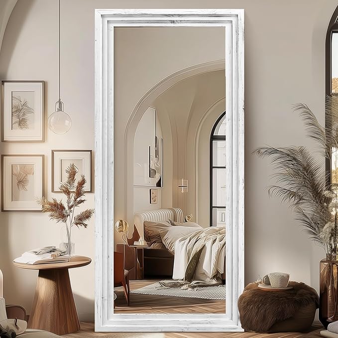 Full Length Wood Mirror 76x34 - Rustic Solid Wood Floor Mirror with Triple Layer Frame, HD Tempered Glass, Wall Mounted or Leaning Standing Mirror Vintage White Mirror for Bedroom Bathroom Living Room