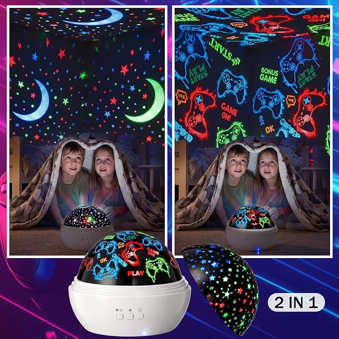 Lewtemi Gaming Room Decor Night Light for Boys 2 in 1 Game Controller Projector Lamp with 360° Rotating Ceiling Starry Sky Game Projection LED Nightlight for Kids Gaming Room, Two Ways to Charge