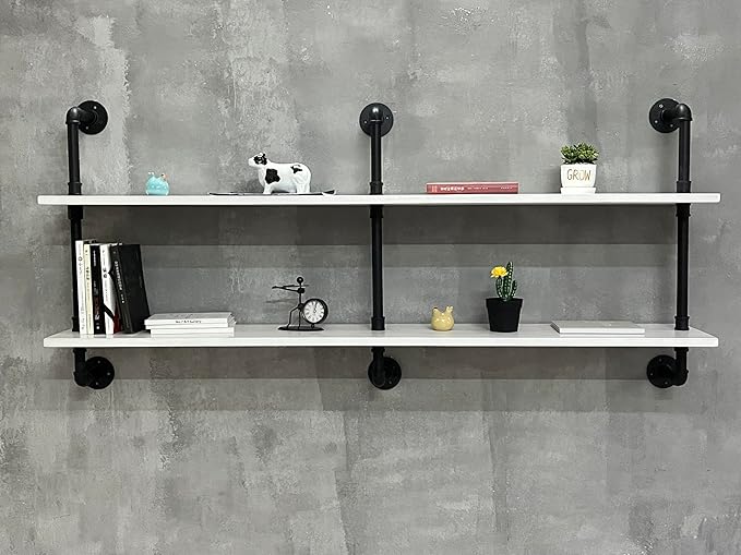 HDDFER Industrial Pipe Shelving Rustic White Pipe Wall Shelves Industrial Shelves with Wood Planks Floating Shelves 60 Inch Farmhouse Bathroom,Kitchen Shelving Wall Mounted