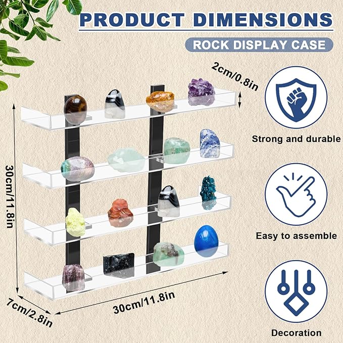 Novabright 4 Layer Rock Display Shelves Clear Acrylic Floating Shelves Wall Organizer for Stone Collection 11.8" Rock Display Stand for Stone Minerals Gemstones Crafts Figure Perfume for Living Room